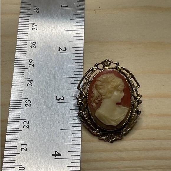 Vintage Cameo Brooch Pin With Gold-Tone Frame & Red Background - Picture 3 of 3